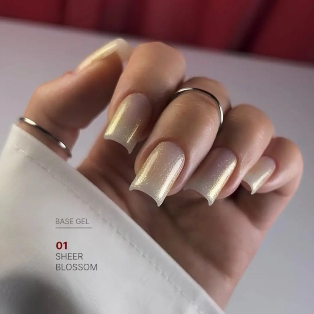 Sheer milky nude nail base texture swatch, soft pearly glow effect