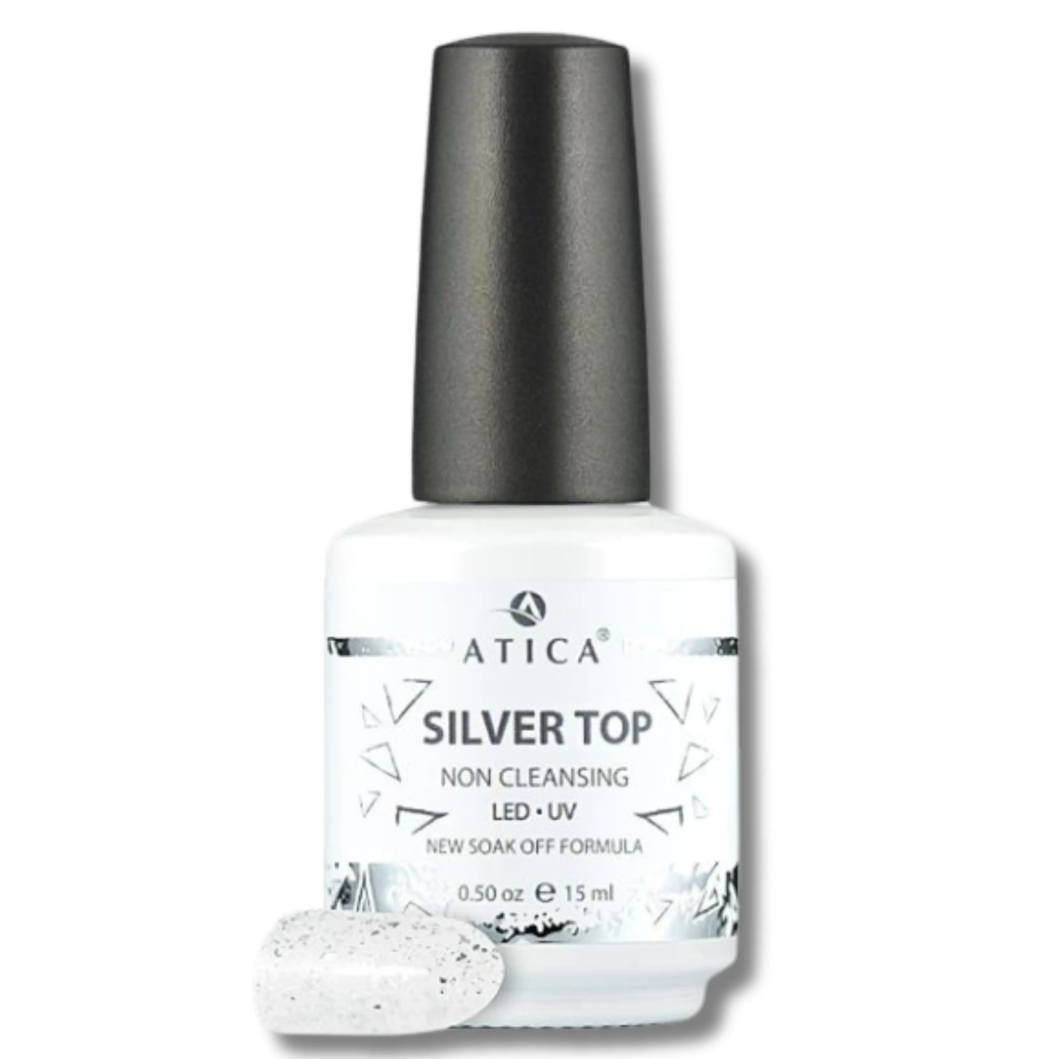 Silver Top Coat 15 ml – flake-infused gel top coat with shimmering silver accents

