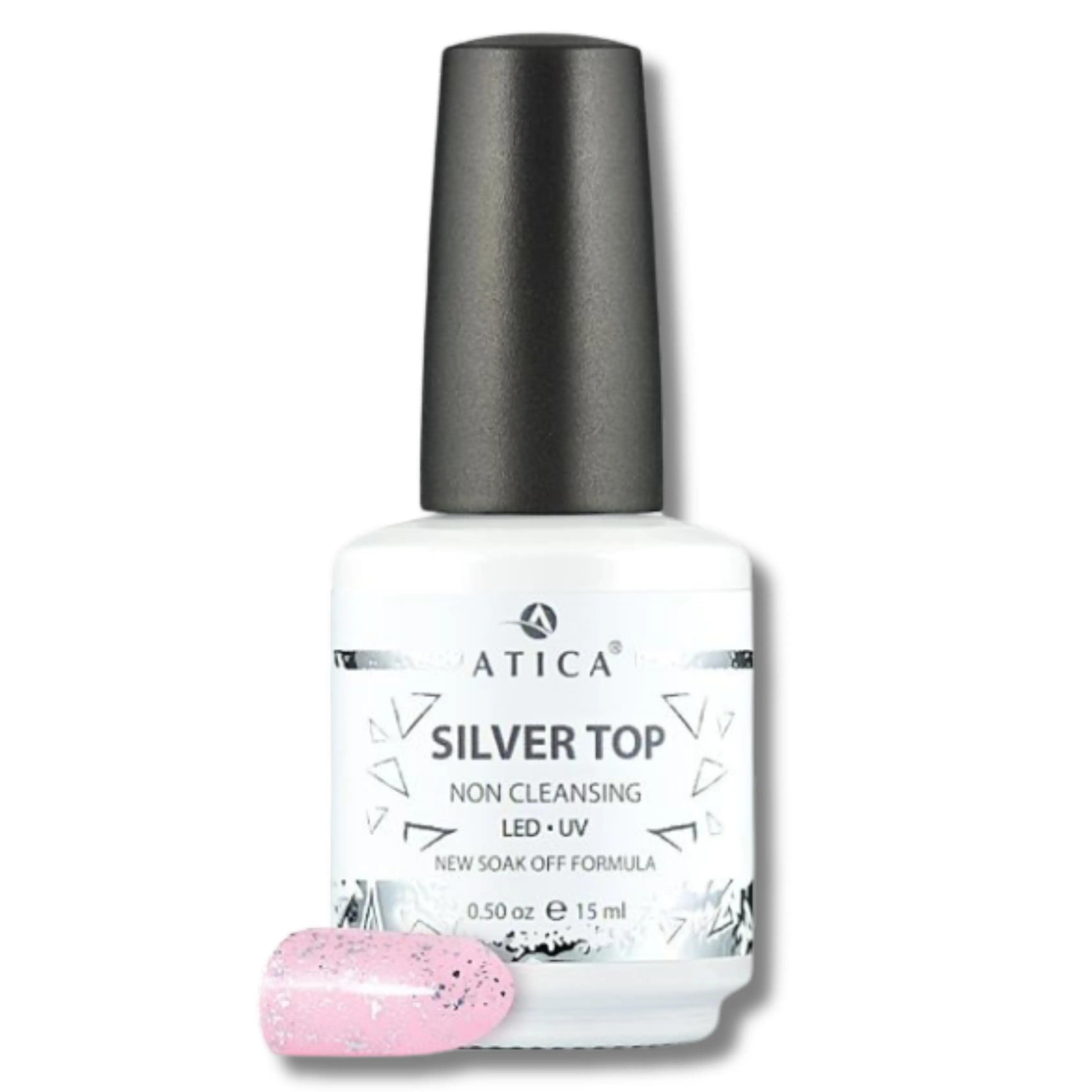Silver Top Coat 15 ml – flake-infused gel top coat with shimmering silver accents


