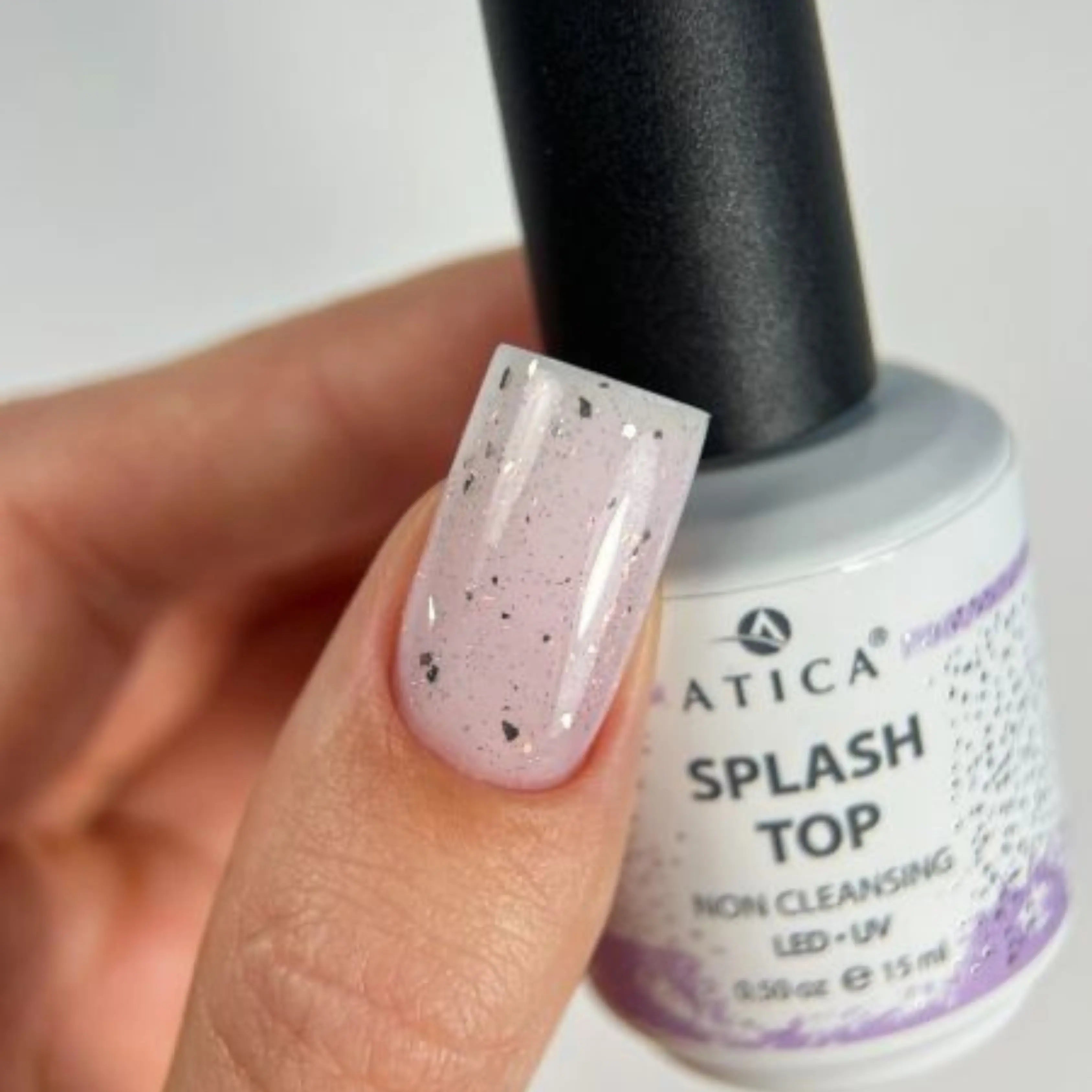 Splash Top Coat 15 ml – shimmer and flake top coat with pink and silver accents