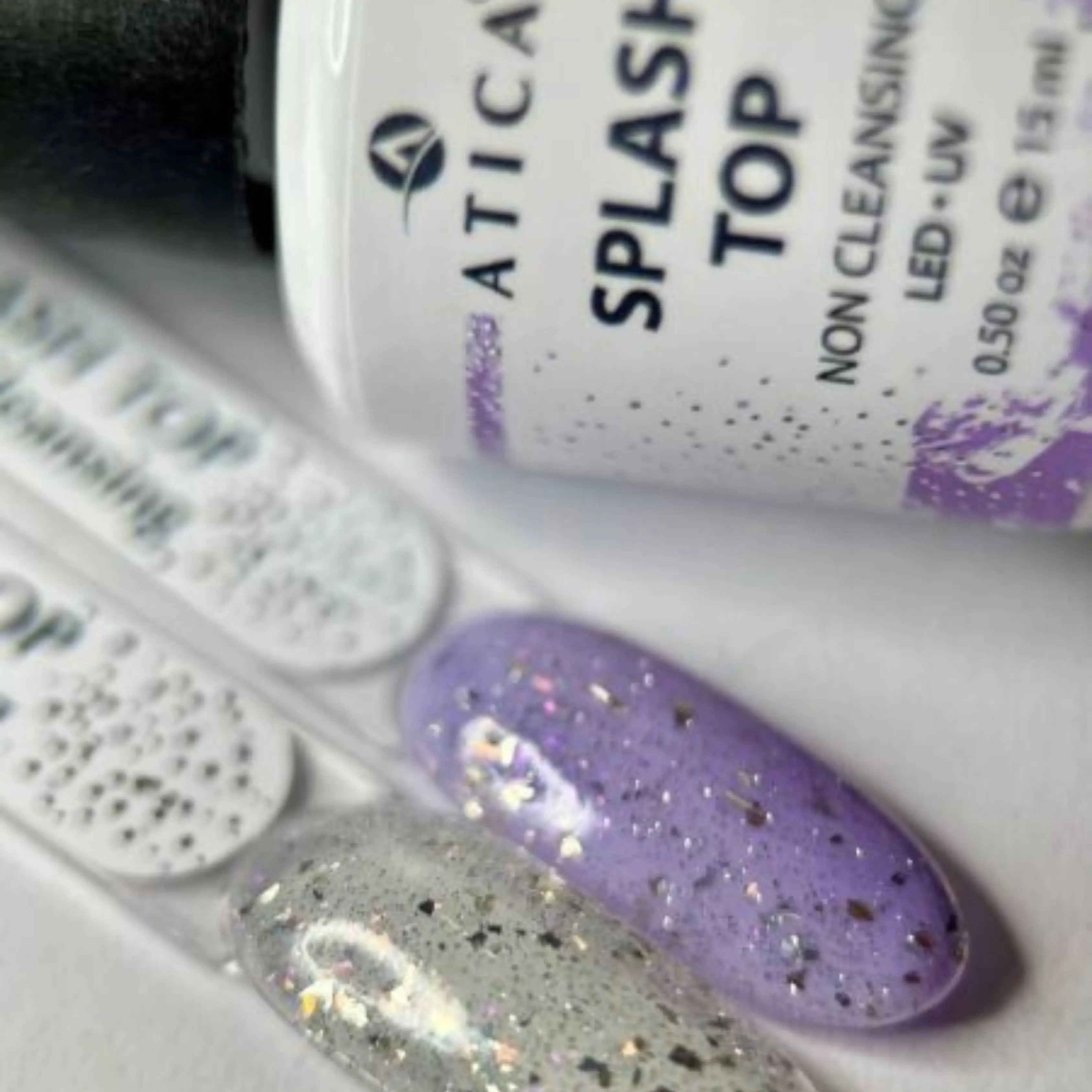 Splash Top Coat 15 ml – shimmer and flake top coat with pink and silver accents