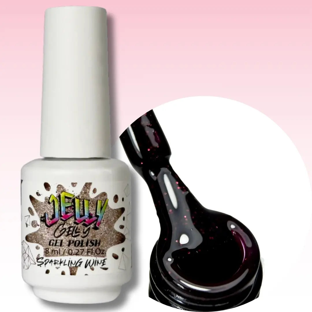 Jelly Gelly Gel Nail Polish in Sparkling Wine – deep aubergine glitter gel polish bottle, 8ml
