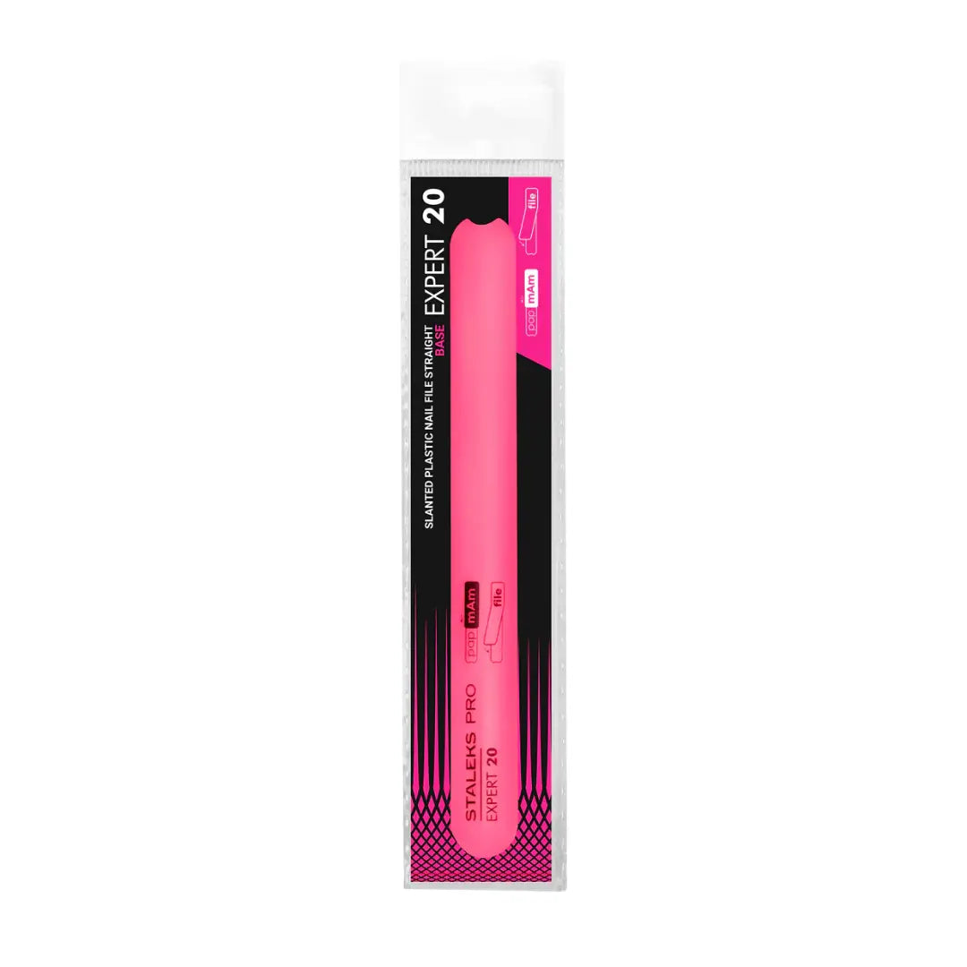 High-strength lightweight pink plastic dual-sided beveled straight base for disposable nail files closeup