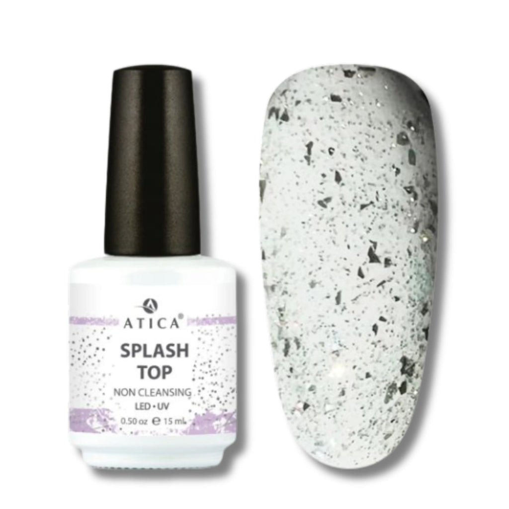 Splash Top Coat 15 ml – shimmer and flake top coat with pink and silver accents