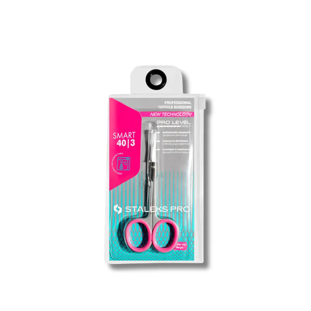 Staleks Pro scissors packaging with pink handles on a white background
