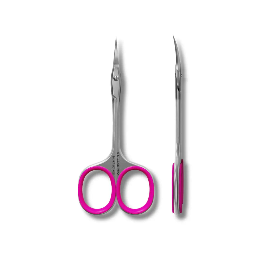 Staleks Smart 50 Type 4 cuticle scissors with pink rings, elongated professional tool