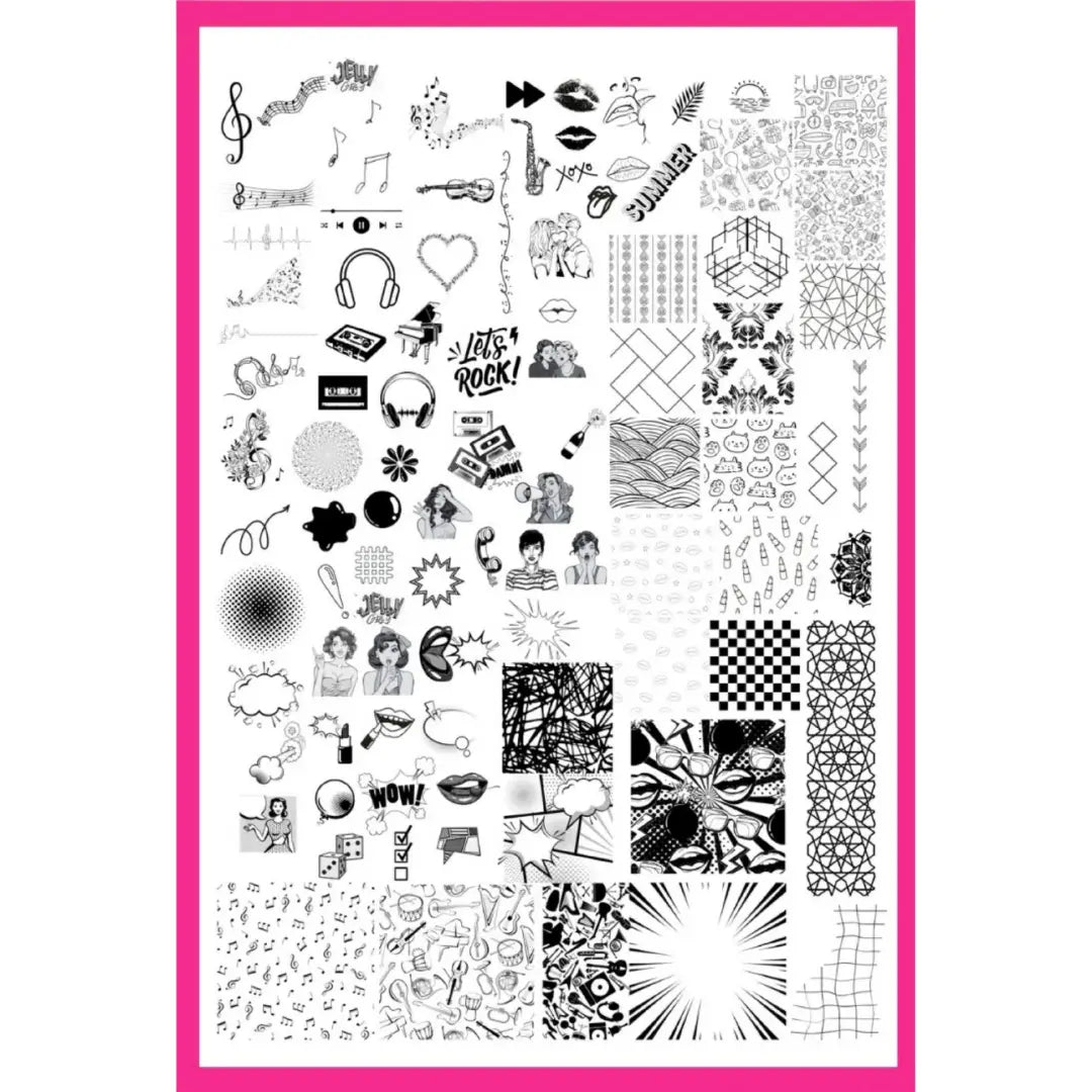 Jelly Gelly Nail Stamping Plate ST06 featuring floral, geometric, and abstract nail art designs.