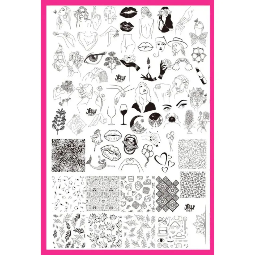 Jelly Gelly Nail Stamping Plate ST09 featuring floral, geometric, and abstract nail art designs.