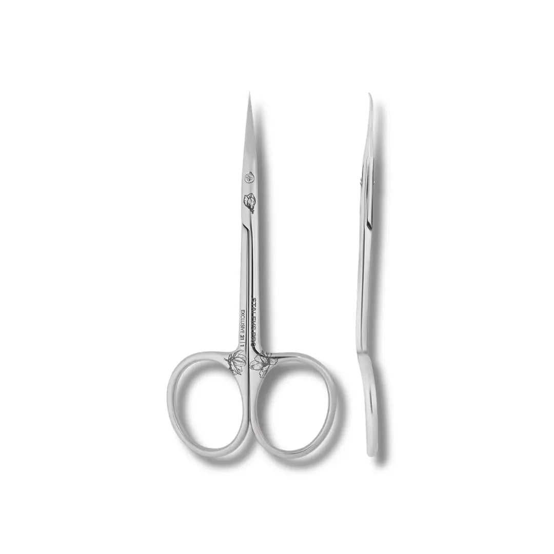 Staleks Pro Exclusive 21 Type 1 Magnolia Cuticle Scissors with unique handle curve
