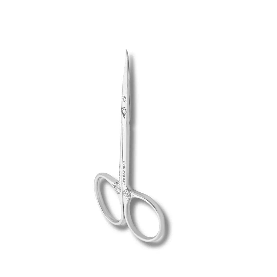 Staleks Pro Exclusive 21 Type 1 Magnolia Cuticle Scissors with unique handle curve