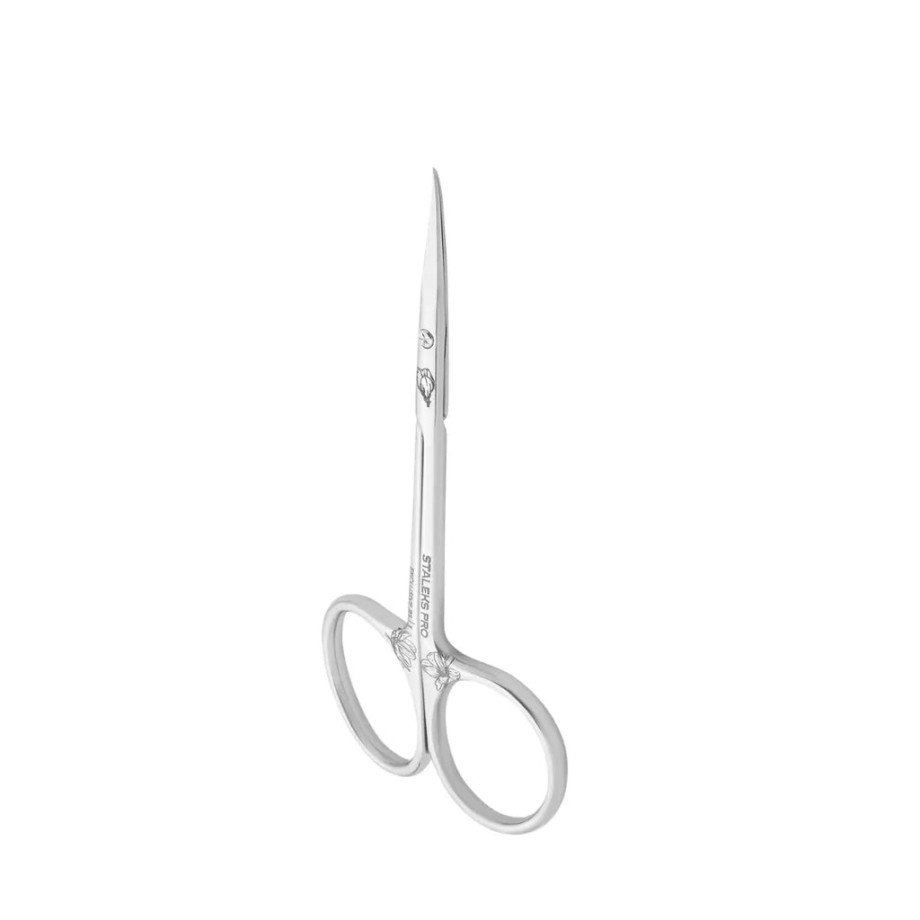 Staleks PRO Exclusive 21 Type 1 Professional Cuticle Scissors with Hook Magnolia showing engraved design