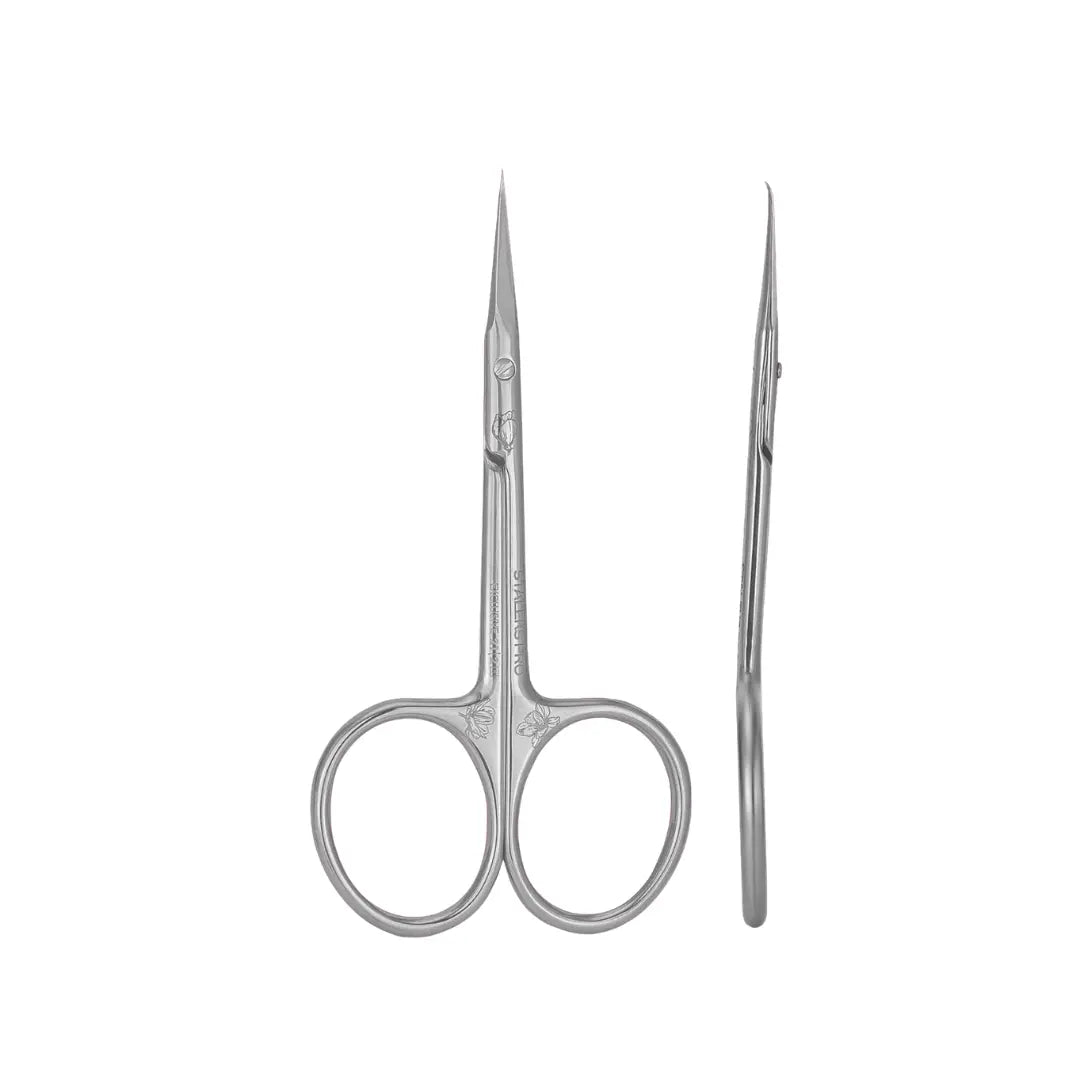 Staleks PRO Exclusive 21 Type 2 Professional Cuticle Scissors with Hook Magnolia showing engraved design