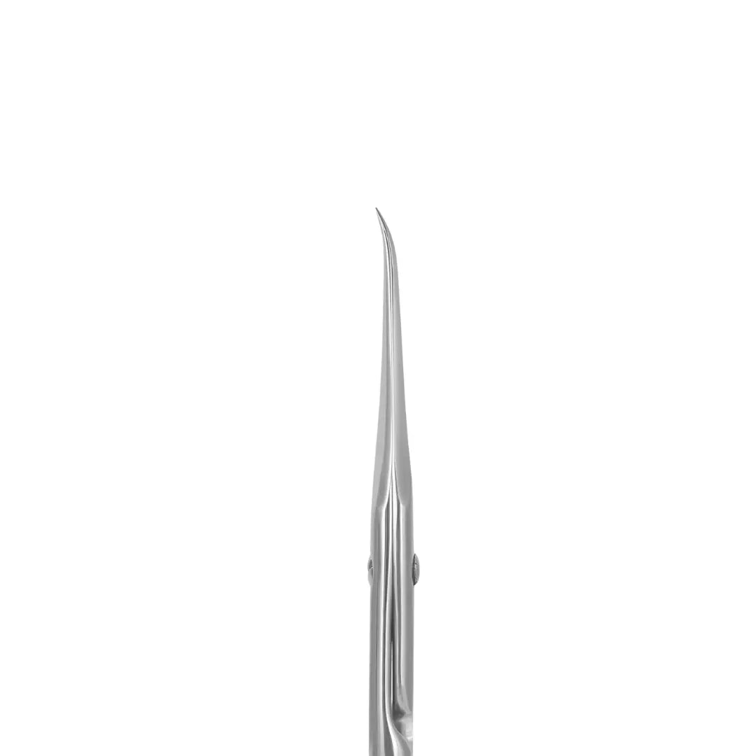 Close up of Staleks PRO Exclusive 21 Type 2 cuticle scissors hook-shaped blades showing narrow tips