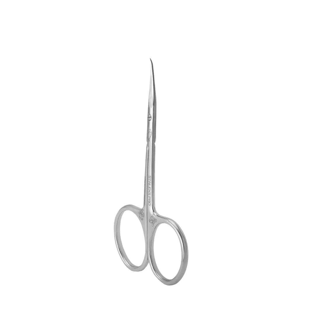Staleks PRO Exclusive 21 Type 2 Professional Cuticle Scissors with Hook Magnolia showing engraved design