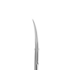 Close up of Staleks PRO Exclusive 22 Type 1 cuticle scissors curved blades showing narrow tips