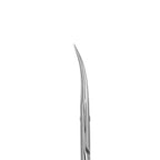 Close up of Staleks PRO Exclusive 22 Type 2 cuticle scissors curved blades showing narrow tips