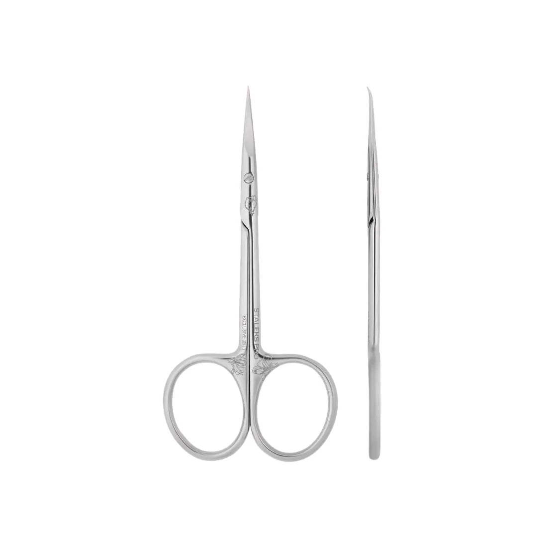 Staleks PRO Exclusive 23 Type 1 Professional Cuticle Scissors with Hook Magnolia showing engraved design