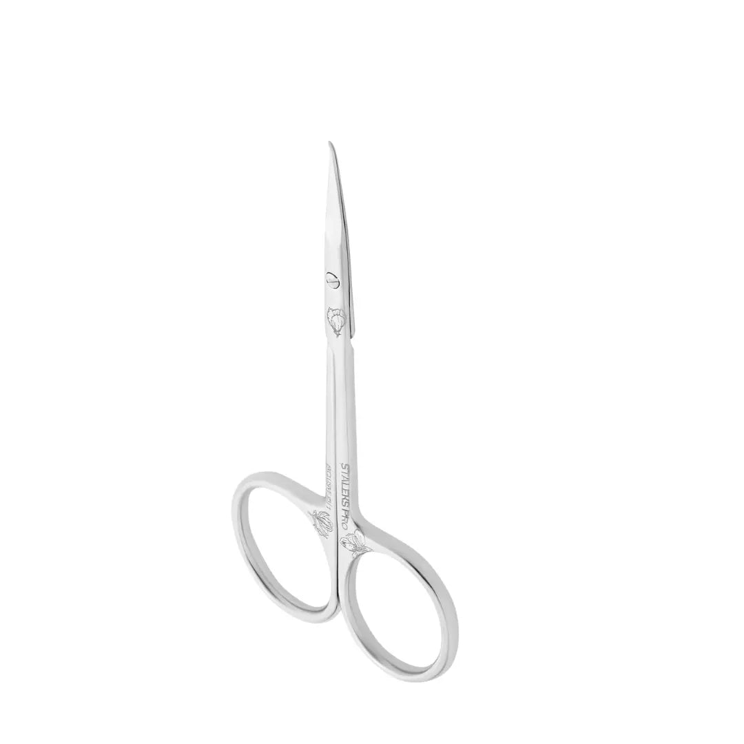 Staleks PRO Exclusive 23 Type 1 Professional Cuticle Scissors with Hook Magnolia showing engraved design