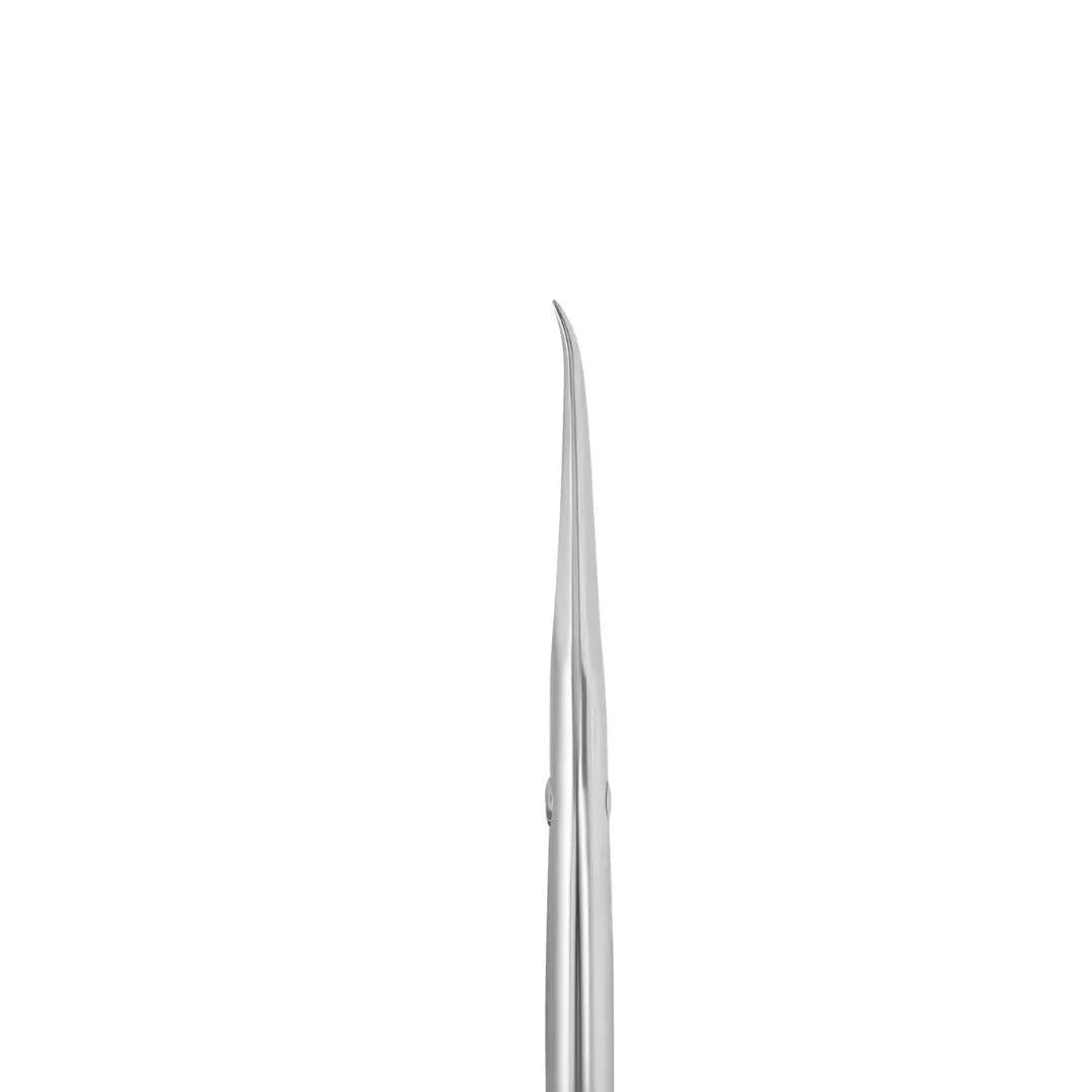 Close up of Staleks PRO Exclusive 23 Type 1 cuticle scissors hook-shaped blades showing narrow tips
