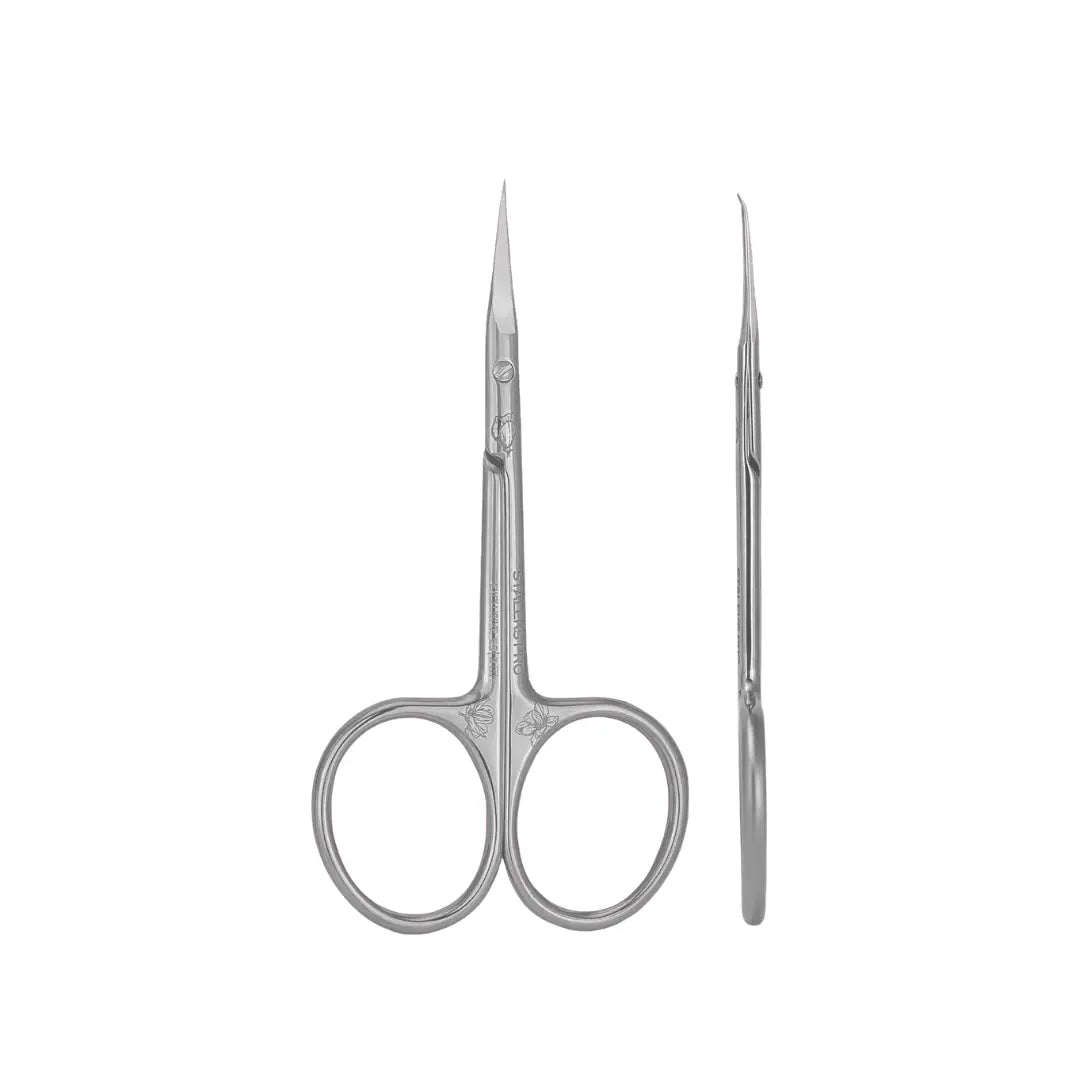 Staleks PRO Exclusive 23 Type 2 Professional Cuticle Scissors with Hook Magnolia showing engraved design