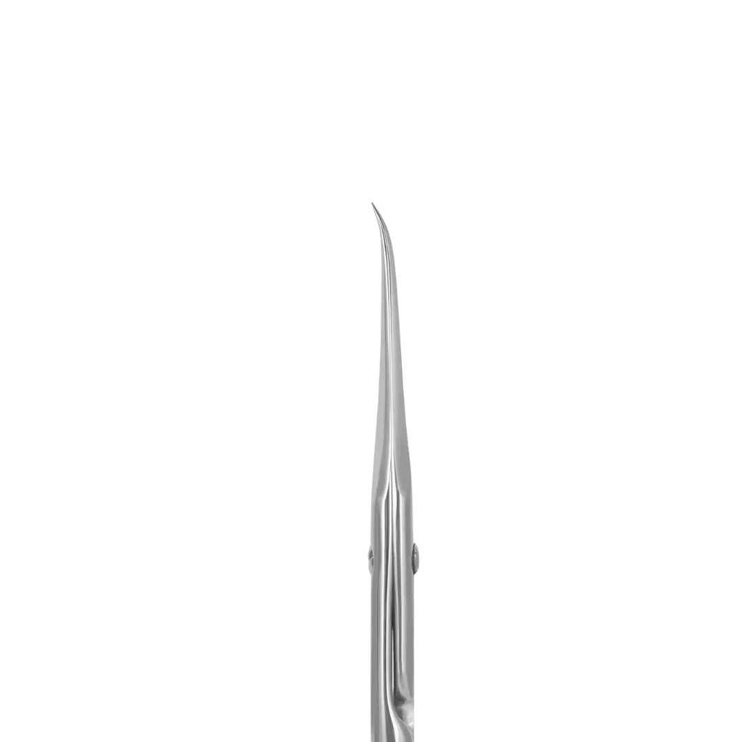 Close up of Staleks PRO Exclusive 23 Type 2 cuticle scissors hook-shaped blades showing narrow tips