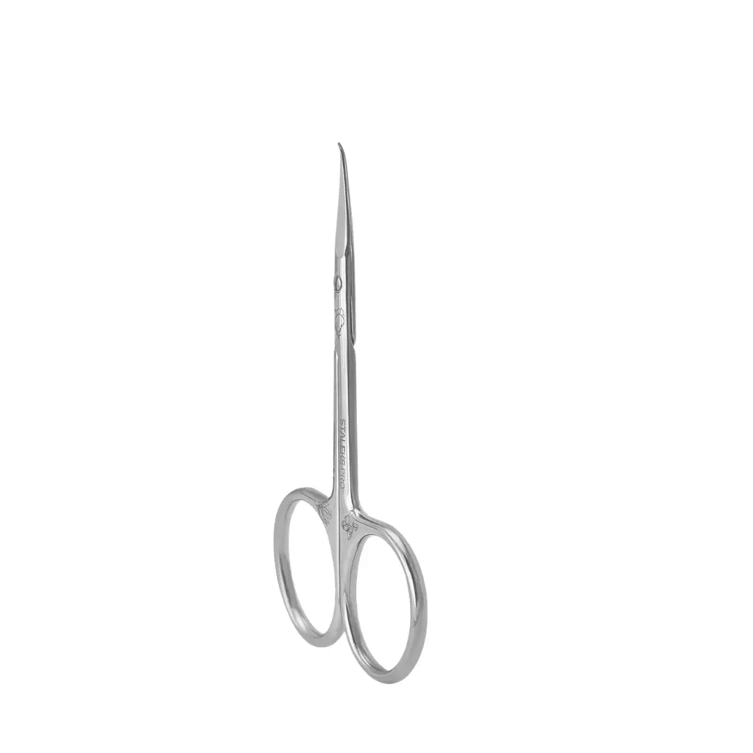 Staleks PRO Exclusive 23 Type 2 Professional Cuticle Scissors with Hook Magnolia showing engraved design