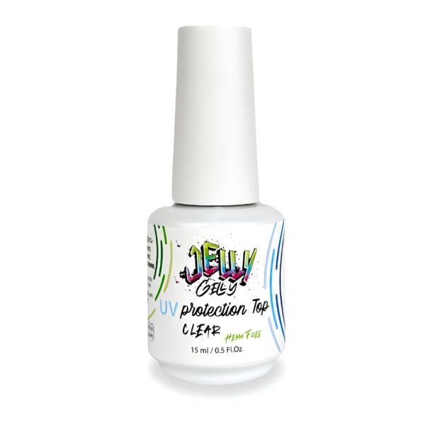 Jelly Gelly HEMA-Free Top Coat 15ml – UV protection, non-sticky, safe formula for long-lasting shine.
