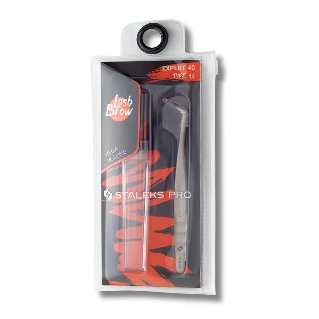 L-shaped 65 degree tweezer tip closeup for volume lashes