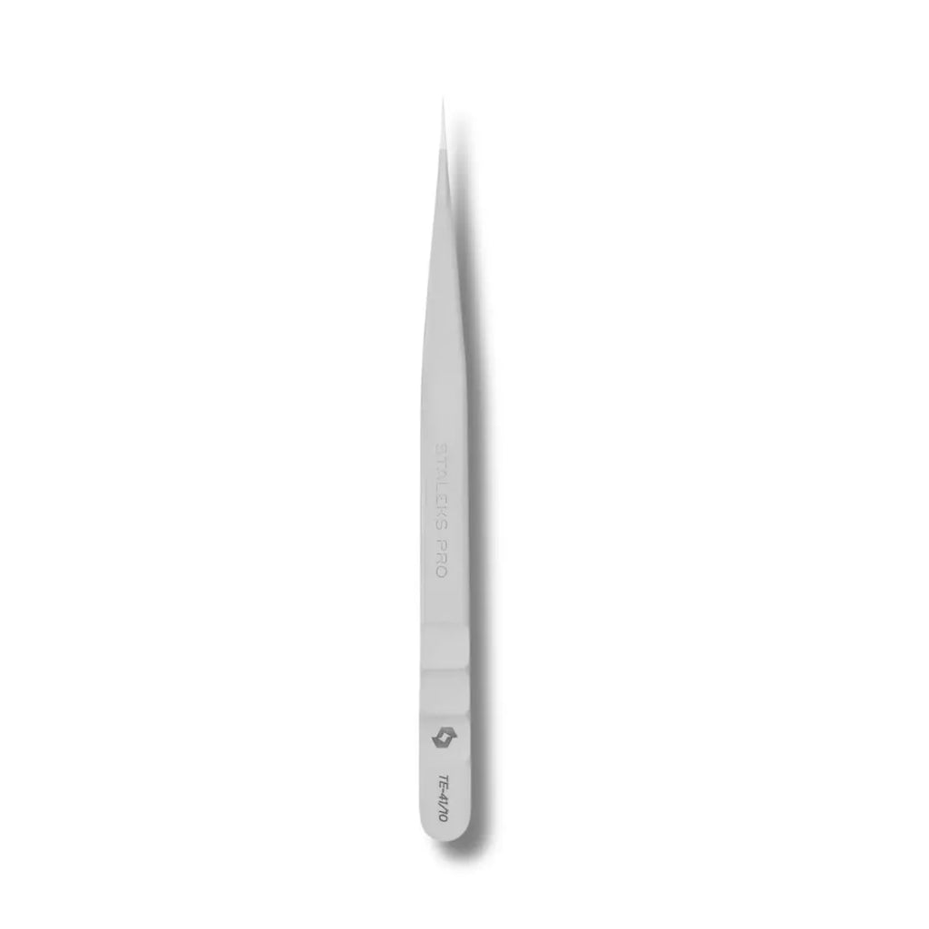 Straight thin tweezer tip closeup with ergonomic handle grooves