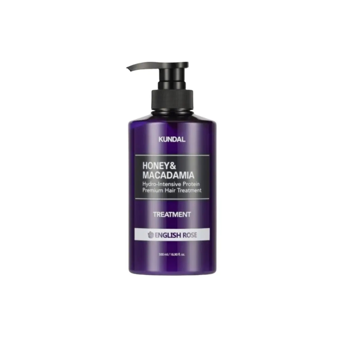 Kundal Honey and Macadamia Protein Treatment English Rose 500ml pump bottle showing professional repairing hair mask