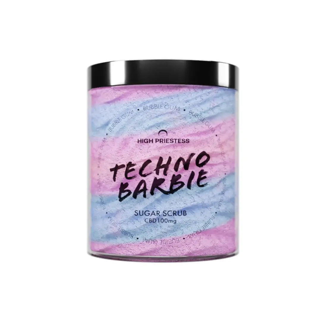 Techno Barbie Sugar Scrub – 300ml vegan exfoliator with bubble gum scent and whipped texture.