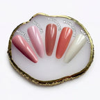 Set of false nails displayed on a shell with color names above each nail.
