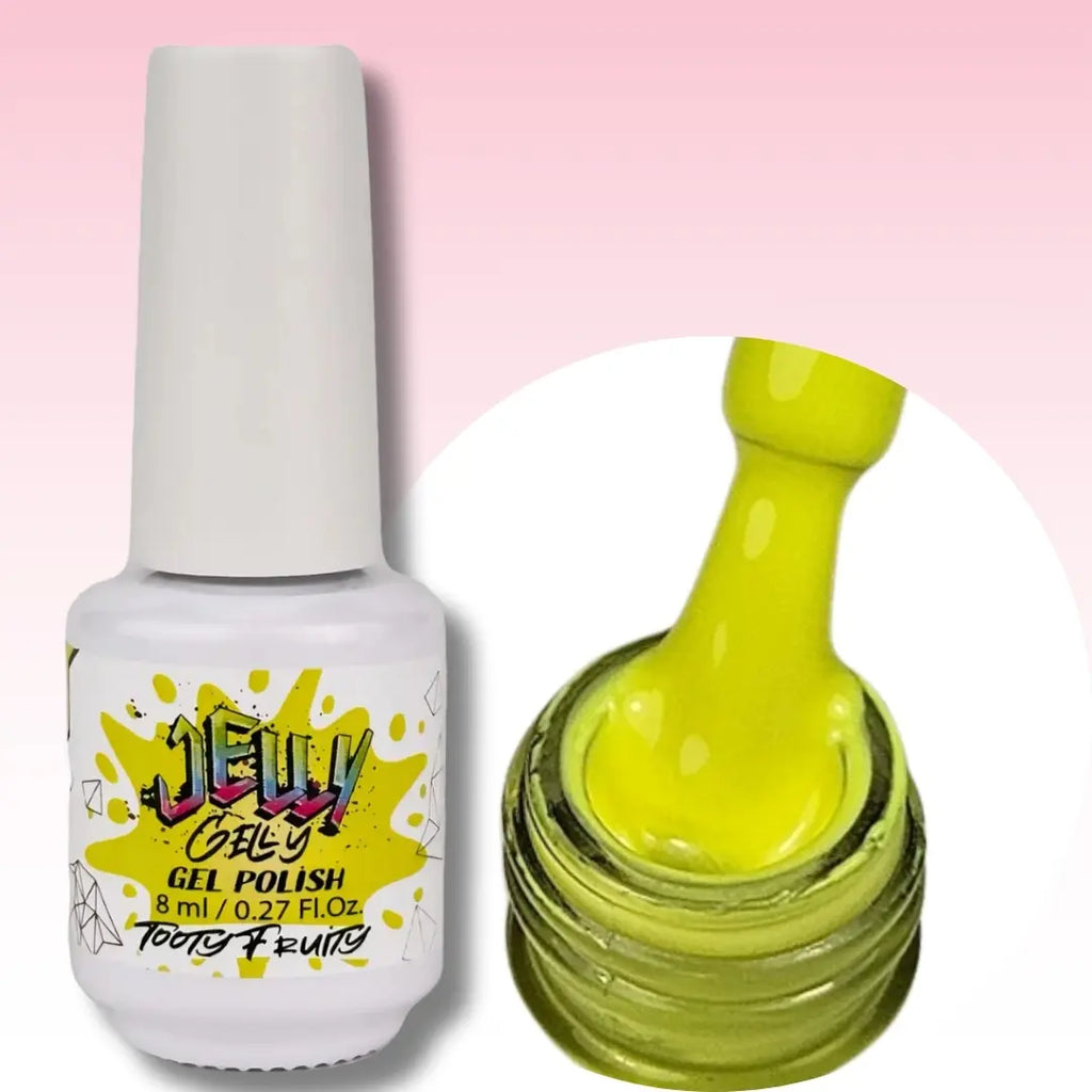 Jelly Gelly Gel Nail Polish in Tooty Fruity – vibrant playful gel polish bottle, 8ml
