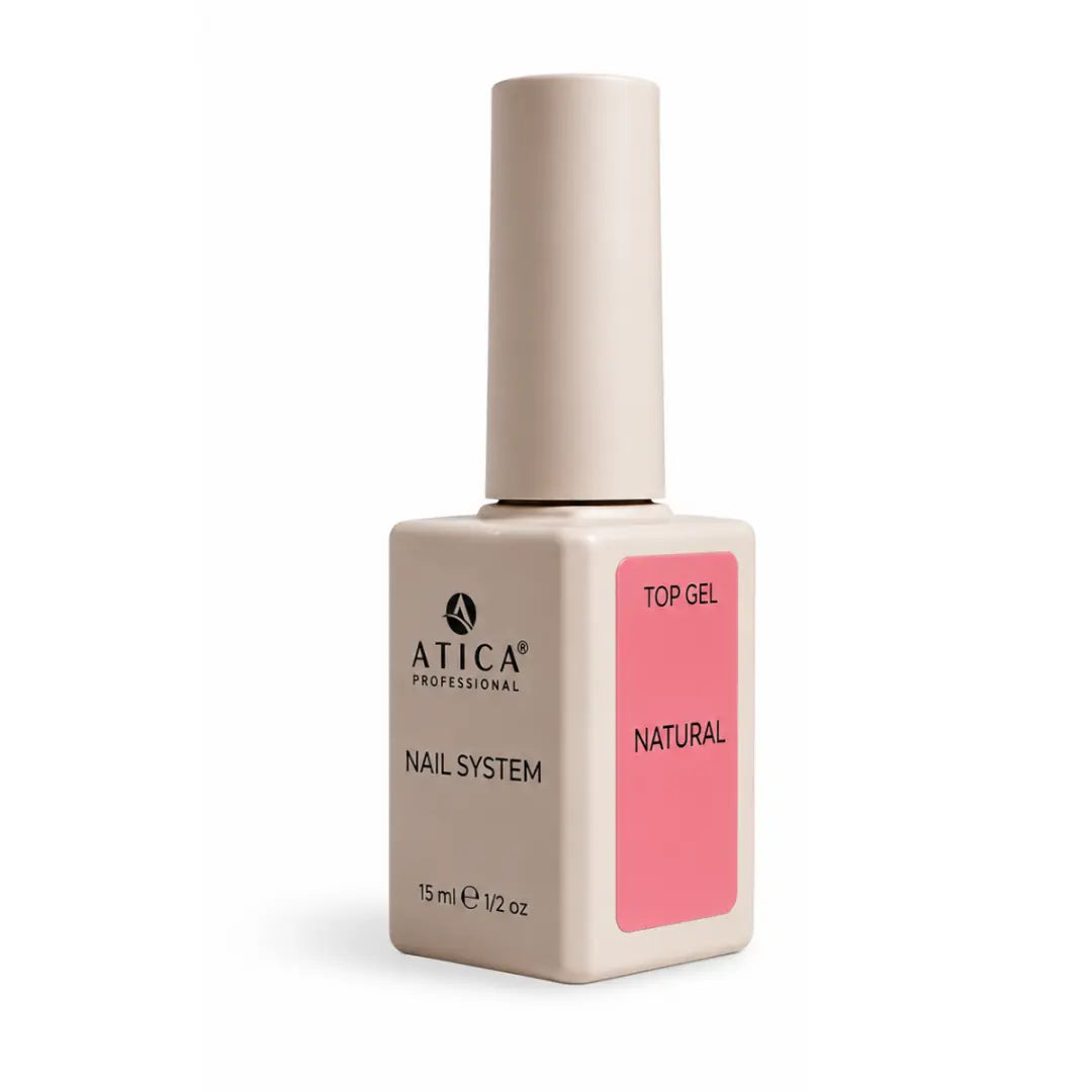 ATICA Natural Camouflage Top Coat 15ml bottle, natural translucent pink glossy top coat