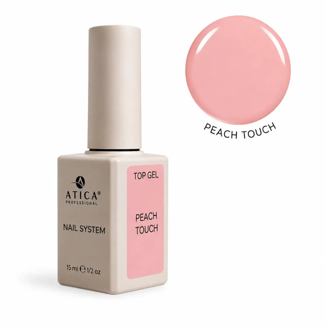 ATICA Peach Touch Camouflage Top Coat 15ml bottle, warm peach-pink tinted glossy top coat