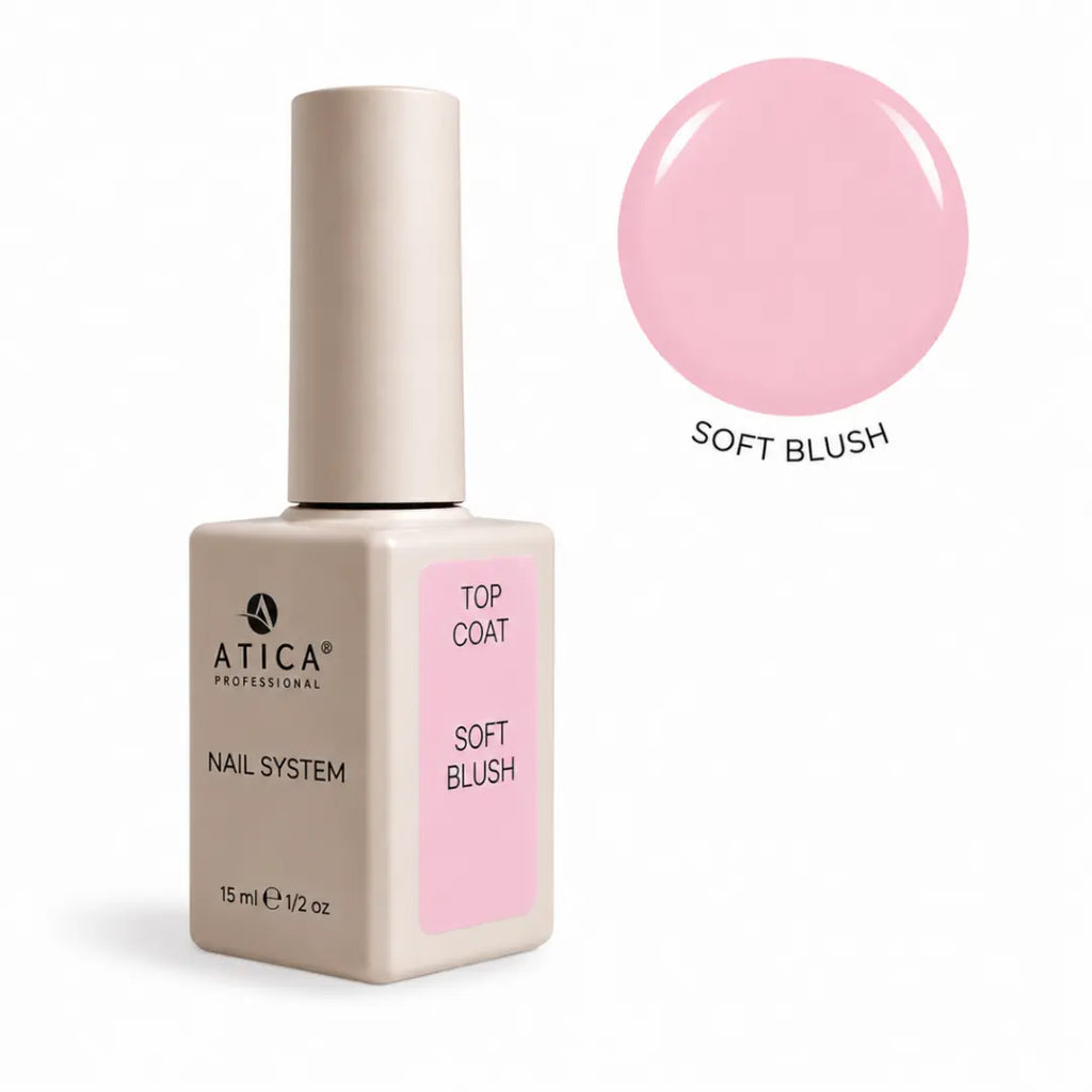 ATICA Soft Blush Camouflage Top Coat 15ml bottle, delicate blush-pink tinted glossy top coat