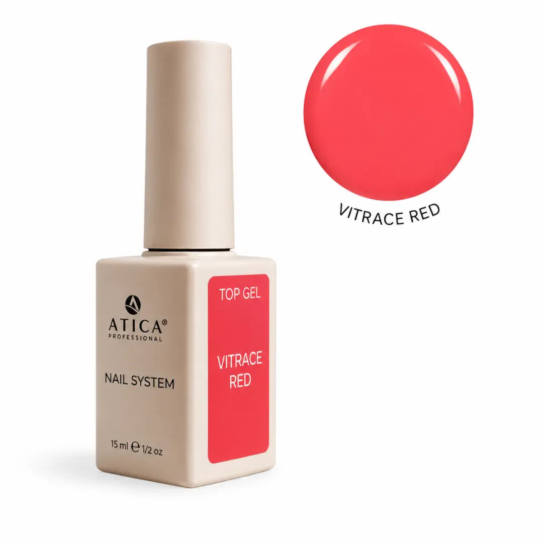 ATICA Vitrace Red Camouflage Top Coat 15ml bottle, translucent red-coral glass-effect top coat