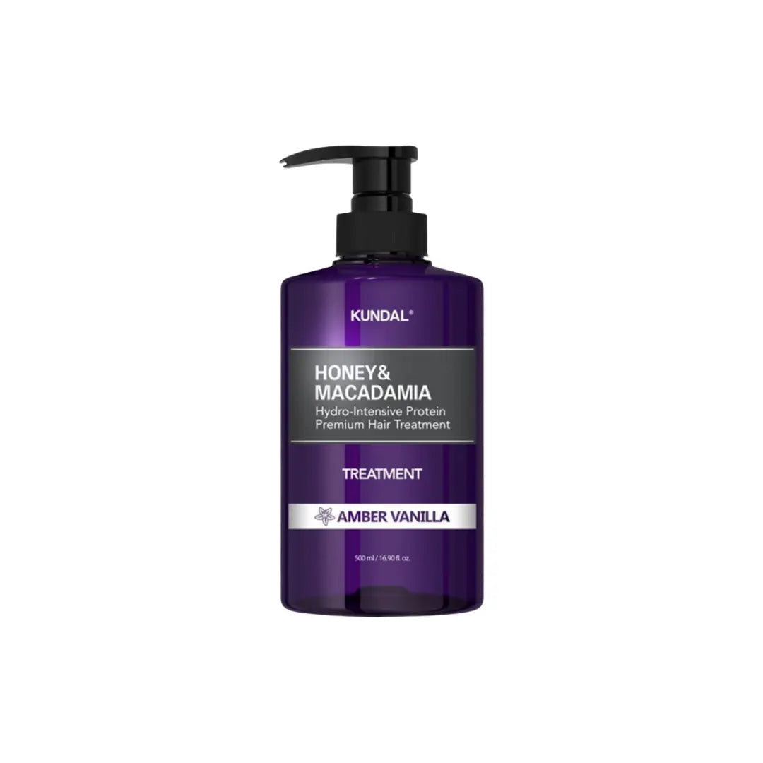 Kundal Honey and Macadamia Protein Treatment Amber Vanilla 500ml pump bottle showing professional repairing hair mask