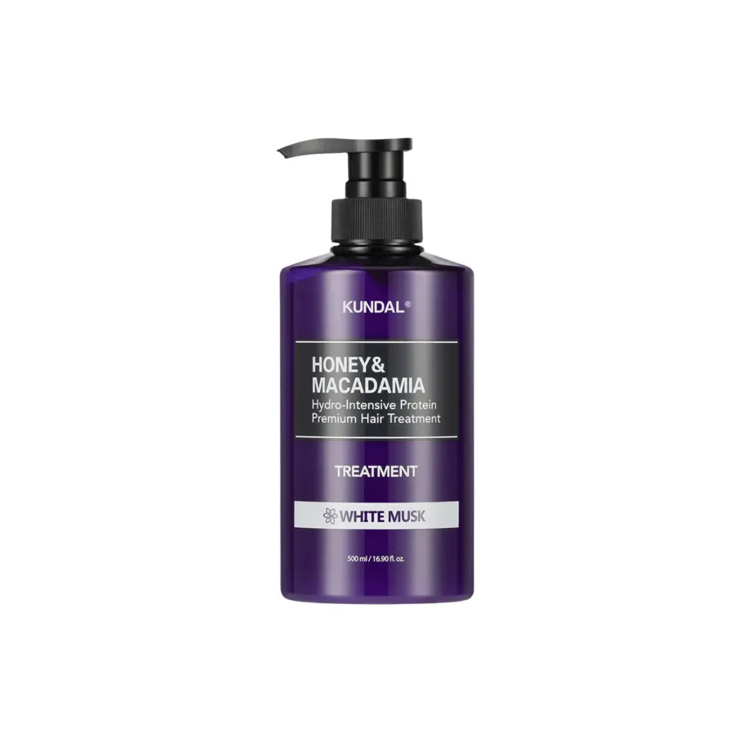 Kundal Honey and Macadamia Protein Treatment White Musk 500ml pump bottle showing professional repairing hair mask