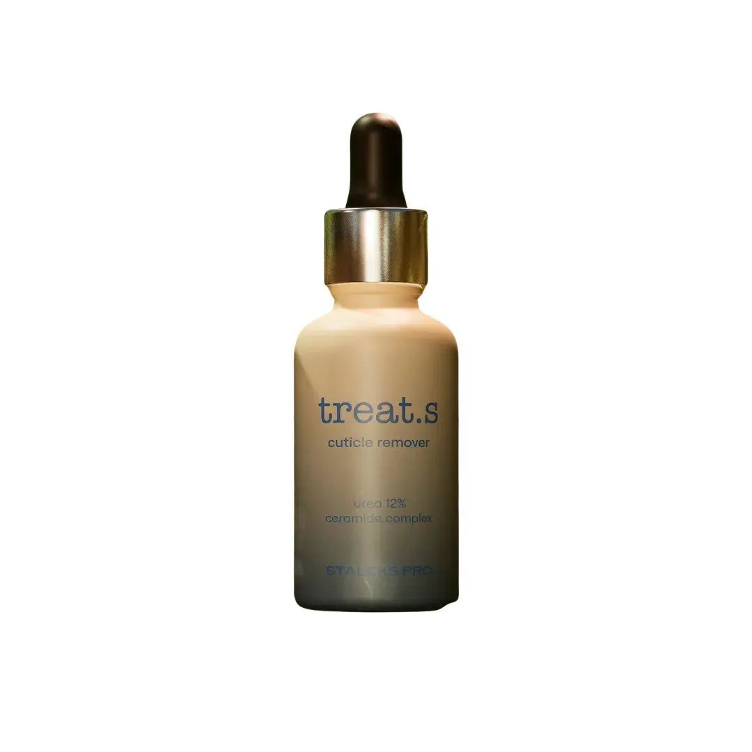 Cuticle remover bottle with dropper on a white background
