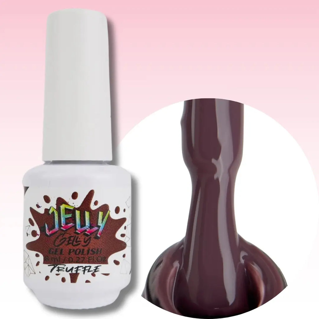 Jelly Gelly Gel Nail Polish in Truffle – rich chocolate-brown gel polish bottle, 8ml