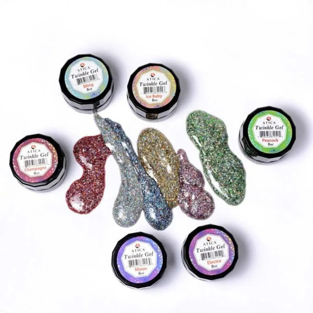 Atica Twinkle Gel Bling 8ml – open jar with silver holographic glitter gel.