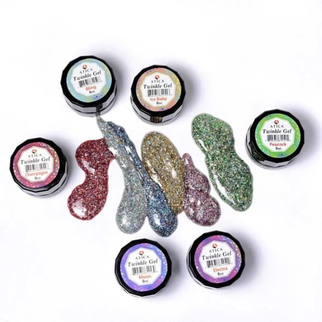 Atica Twinkle Gel Ice Baby 8ml – open jar with gold and silver holographic glitter gel.