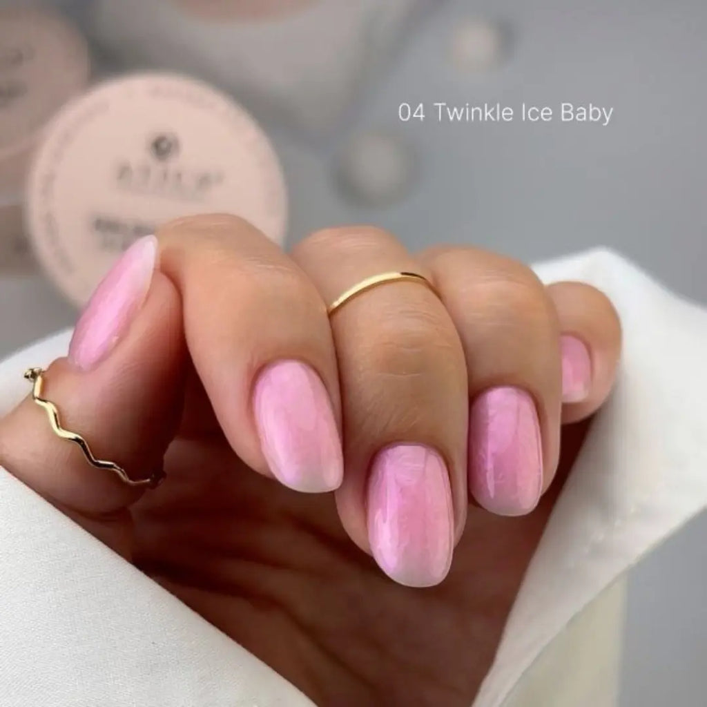 Crystal pink milky nail gel texture swatch, icy shimmer effect