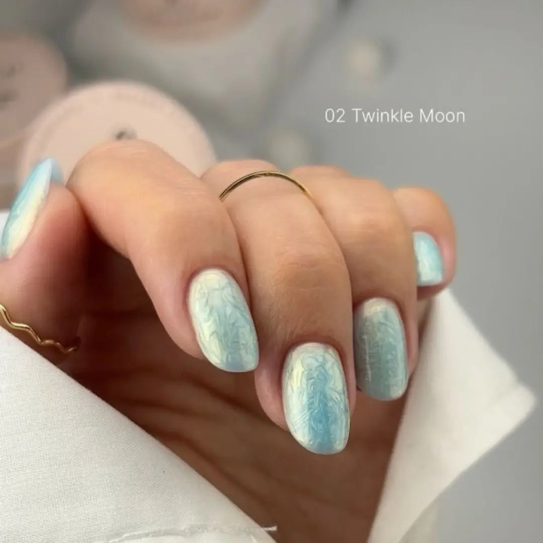 Icy blue pearl nail gel texture, moonlight glow effect on nails