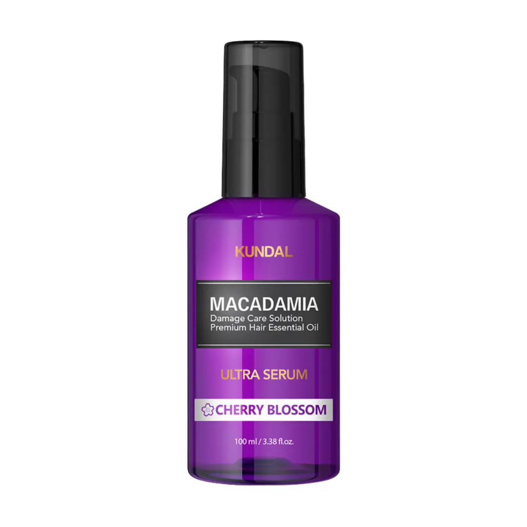 Kundal Macadamia Hair Serum Cherry Blossom 100ml pump bottle showing lightweight nourishing hair treatment