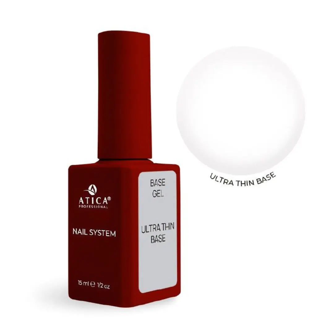 Atica Ultra Thin Base 15ml bottle showing clear adhesive base gel