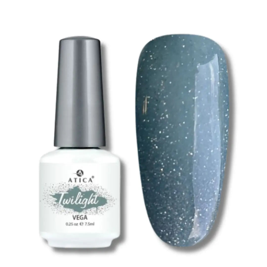 Atica TWILIGHT Gel Polish in Vega – blue-grey shimmer gel polish bottle, 7.5ml