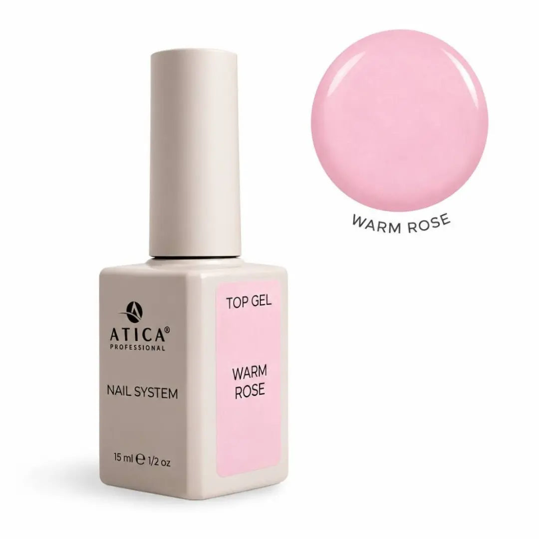 ATICA Warm Rose Top Coat 15ml bottle, warm pink tinted glossy top coat for gel manicures