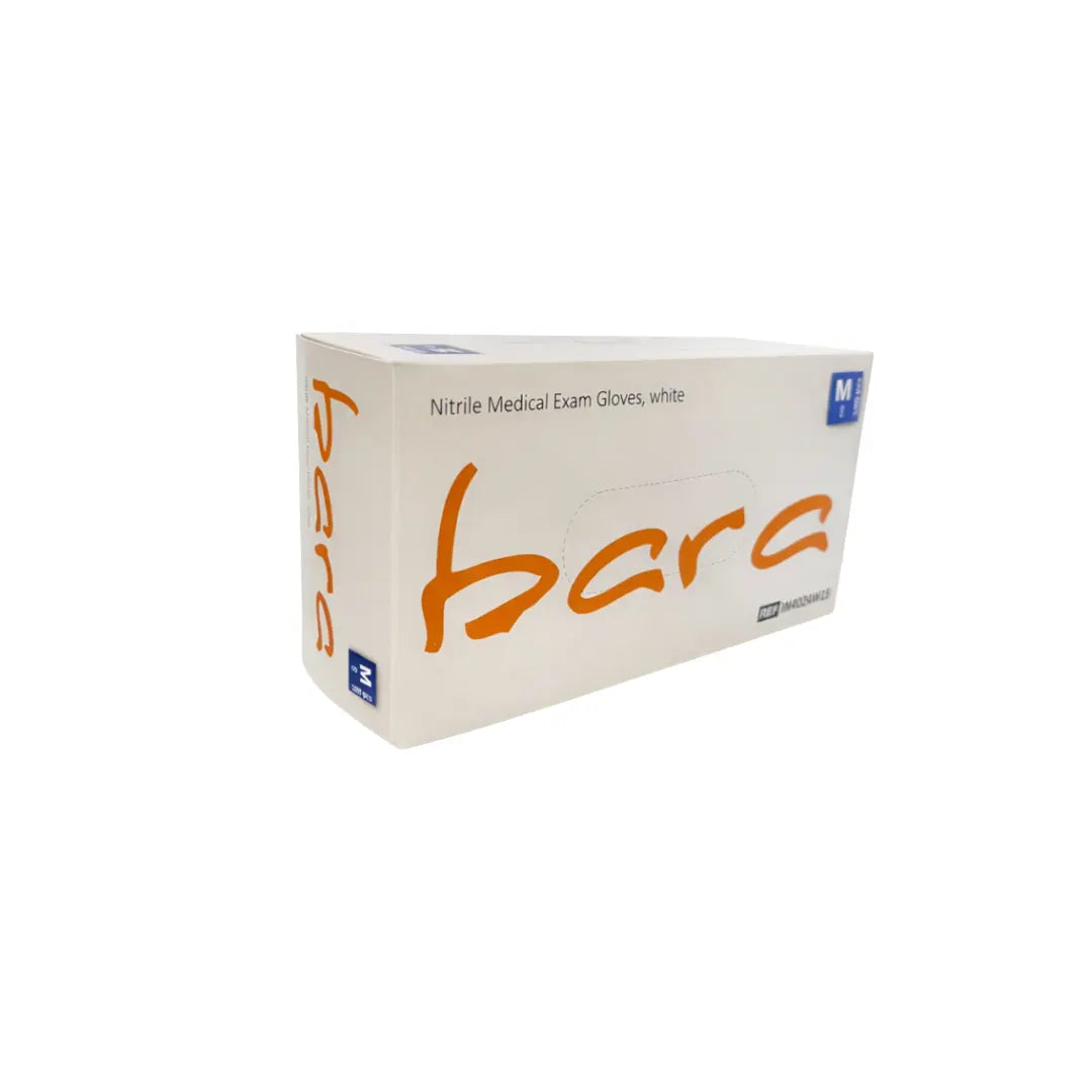 Box of Bara nitrile medical exam gloves on a white background